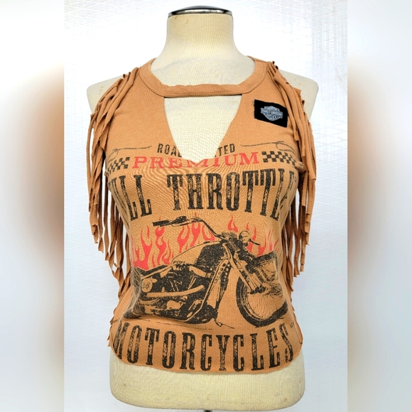 Full Throttle Motorcycle Fringe Halter / Harley Davidson Patch Upcycled Retro Mo - Picture 1 of 6